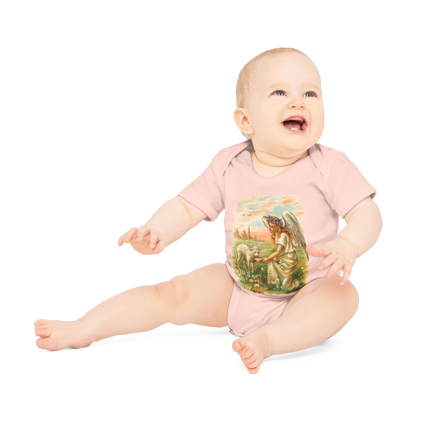 Antique Angel with Lamb Organic Cotton Short-Sleeve Baby Bodysuit