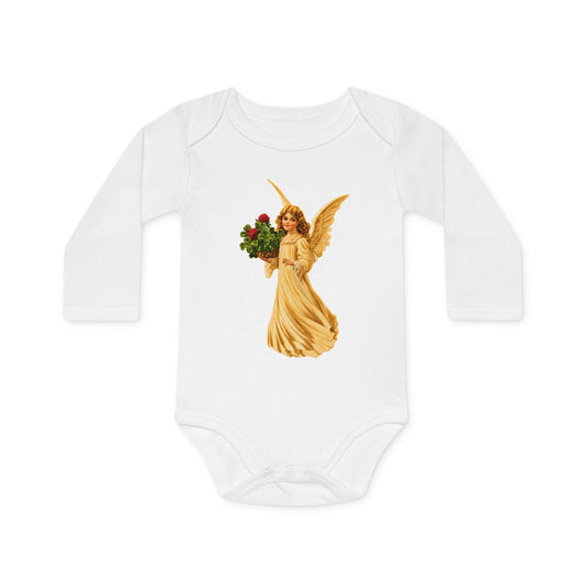 Vintage Angel with Four-Leaf Clover white organic cotton long-sleeve baby bodysuit