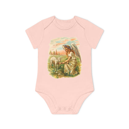 Antique Angel with Lamb powder pink organic cotton short-sleeve baby bodysuit