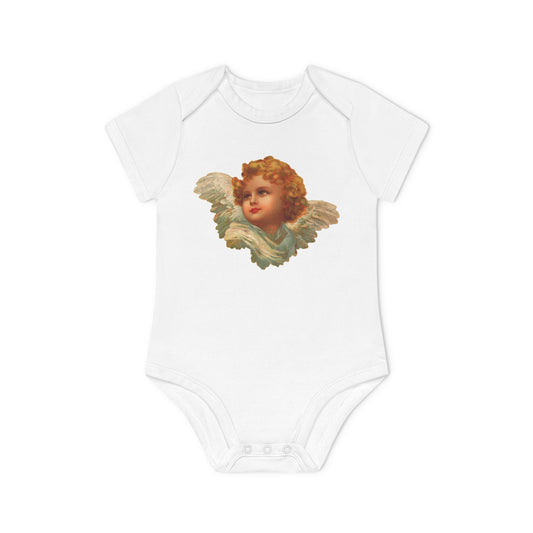 Vintage Cherub Face white organic cotton short-sleeve baby bodysuit