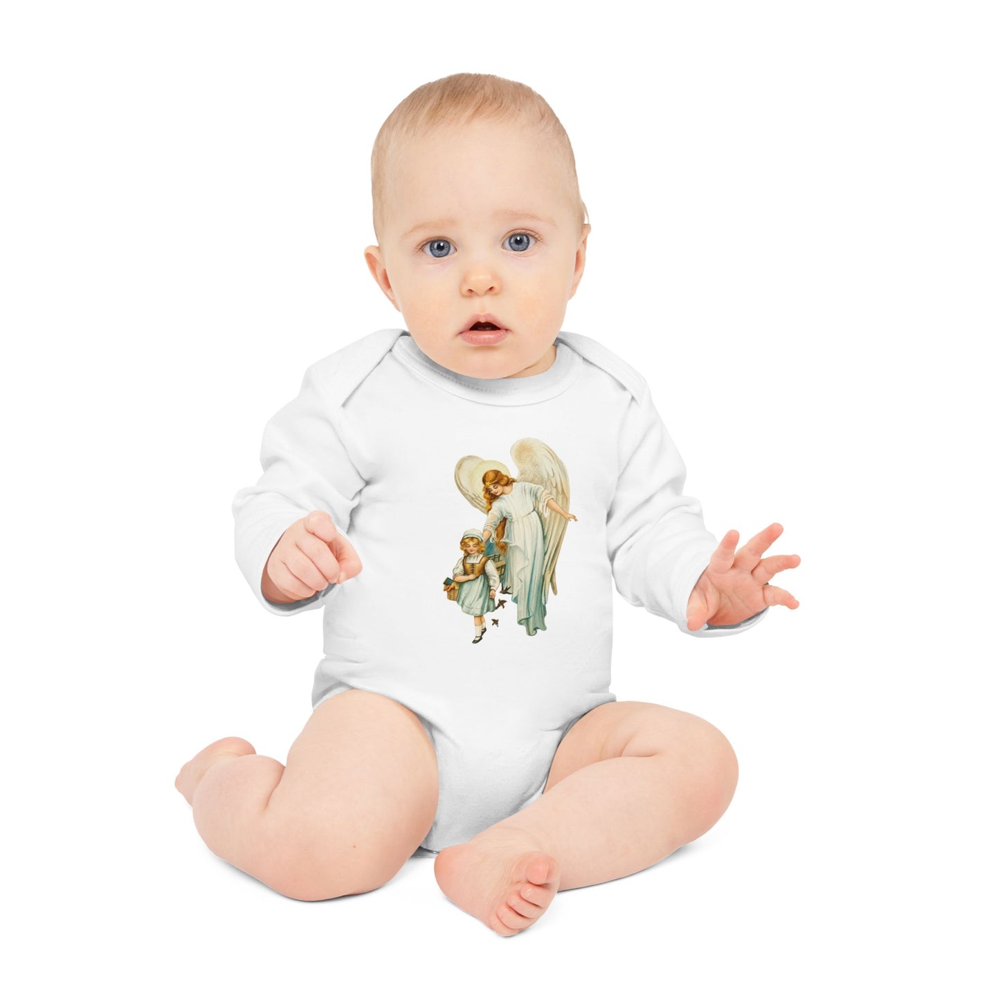 Baby wearing Victorian Guardian Angel with Girl white organic cotton long-sleeve bodysuit