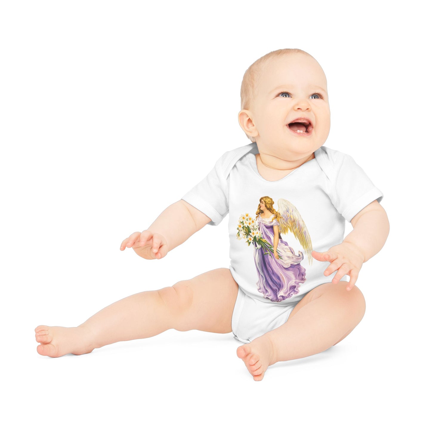 Vintage Angel in Purple Organic Cotton Short-Sleeve Baby Bodysuit