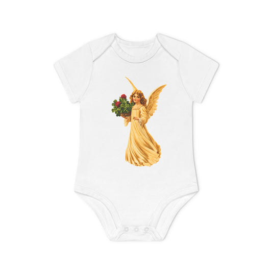 Vintage Angel with Four-Leaf Clover white organic cotton short-sleeve baby bodysuit