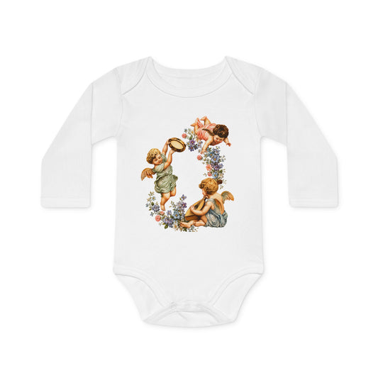 Classic Cherub Musicians white organic cotton long-sleeve baby bodysuit