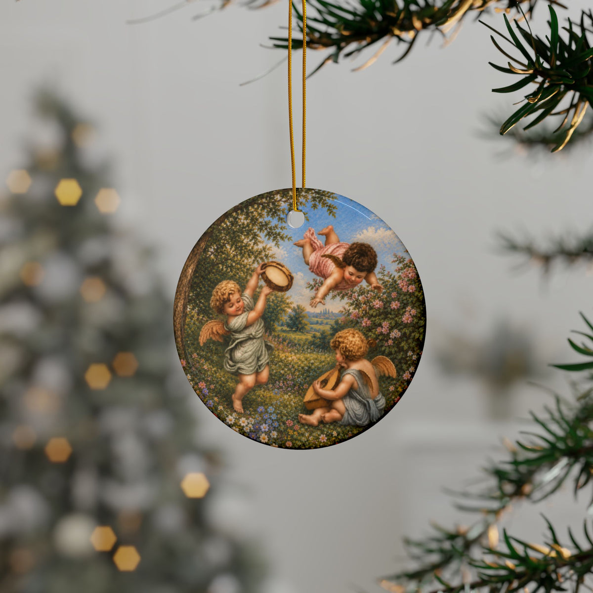 Vintage Cherub Art Ceramic Christmas Ornament, Double-Sided Keepsake