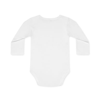 Back view of white organic cotton long-sleeve baby bodysuit