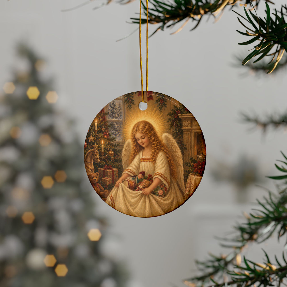 Christmas Gift Angel Ceramic Holiday Ornament, Double-Sided Keepsake