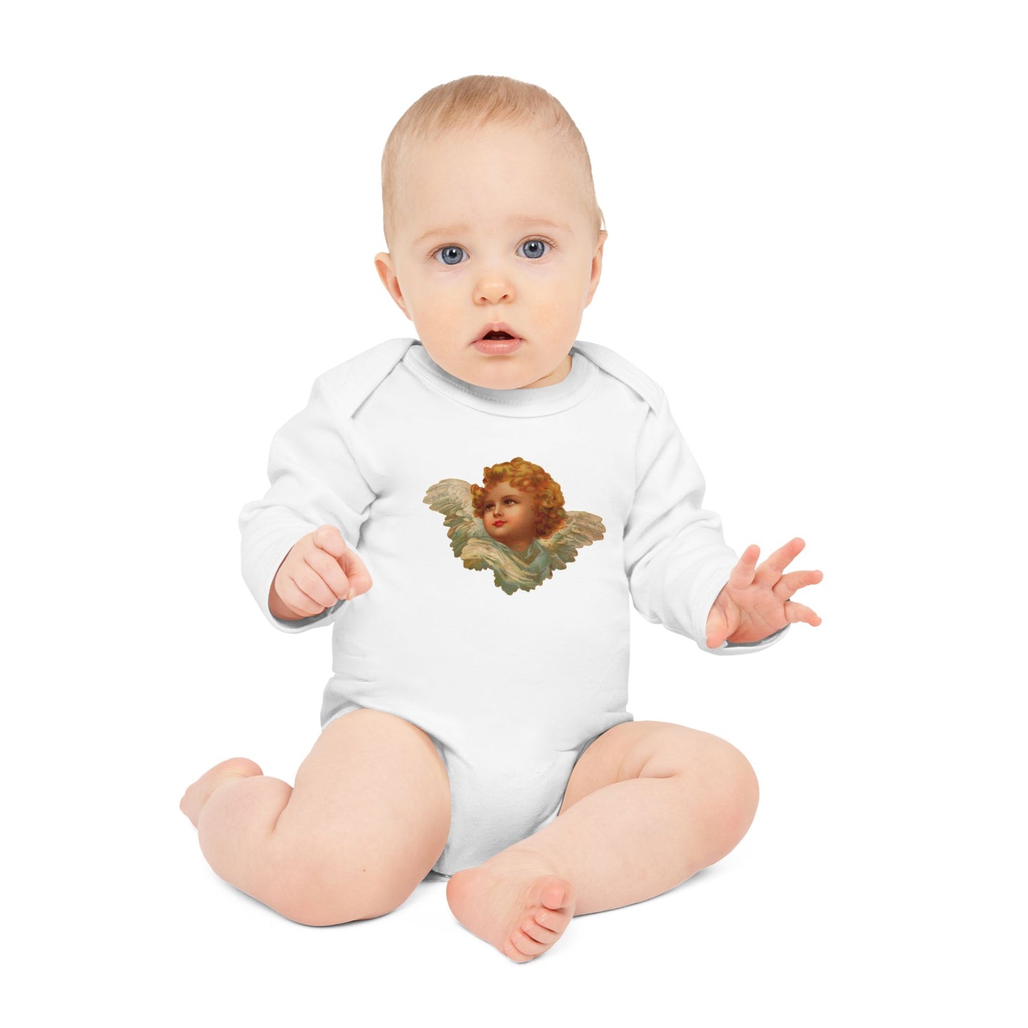 Vintage Cherub Face Organic Cotton Long-Sleeve Baby Bodysuit