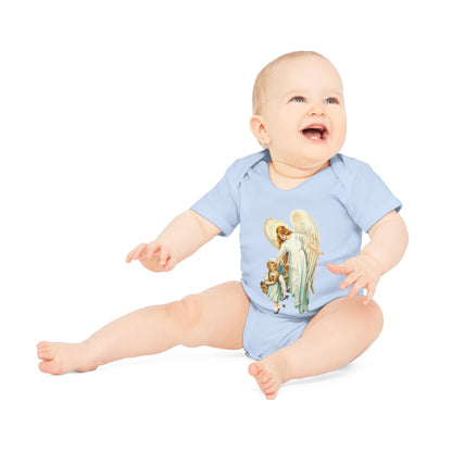 Victorian Guardian Angel with Girl Organic Cotton Short-Sleeve Baby Bodysuit