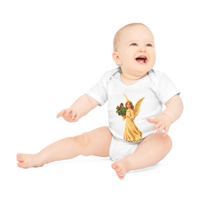 Vintage Angel with Four-Leaf Clover Organic Cotton Short-Sleeve Baby Bodysuit