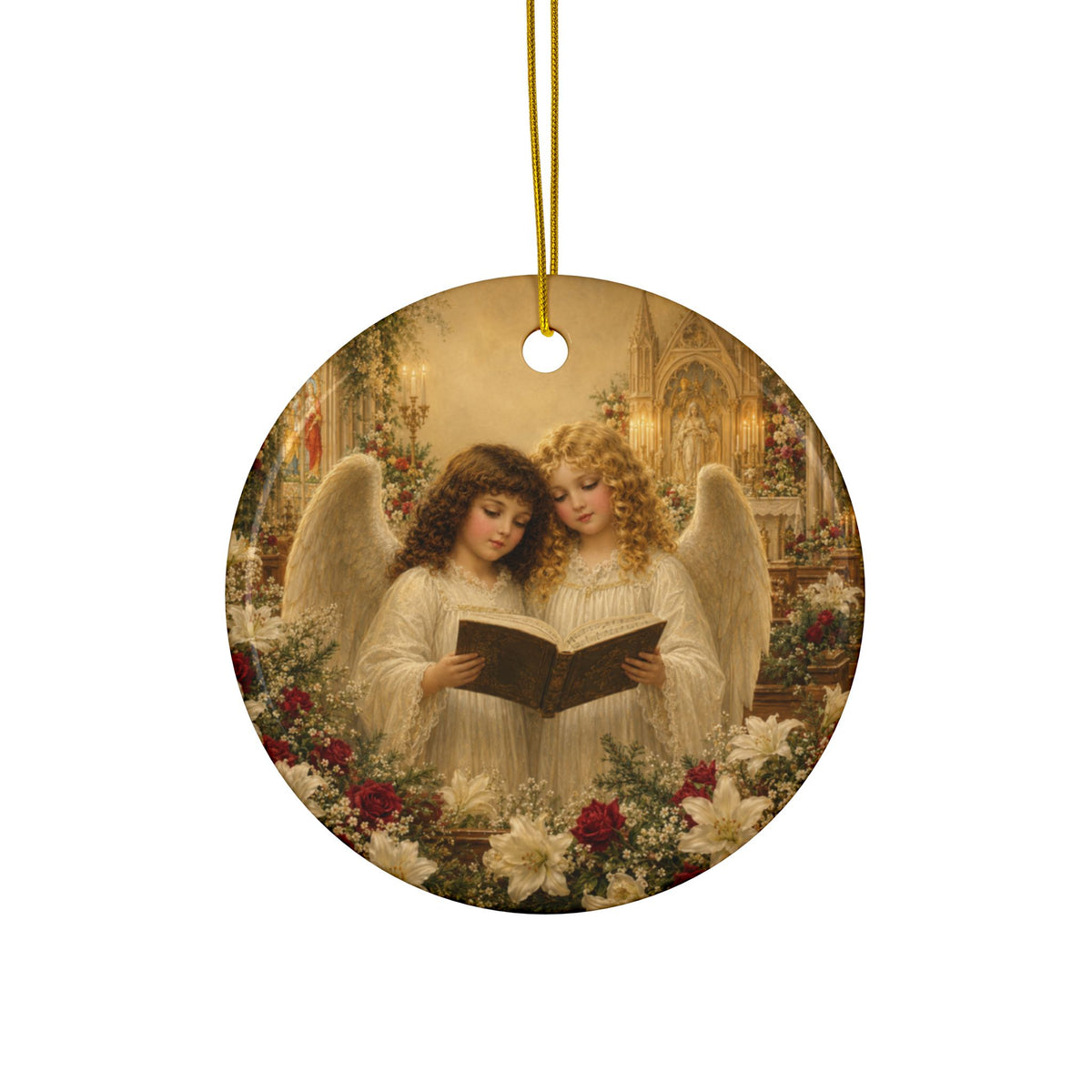 Angels with Song Book Ceramic Christmas Ornament, Double-Sided Keepsake