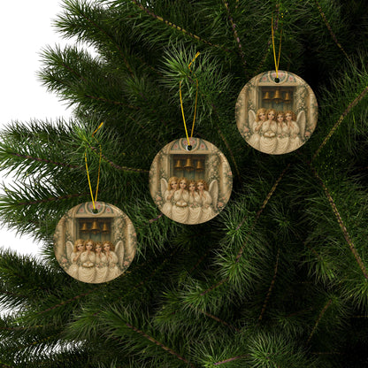 Praying Angels Under Church Bells Ceramic Holiday Ornament, Double-Sided Keepsake