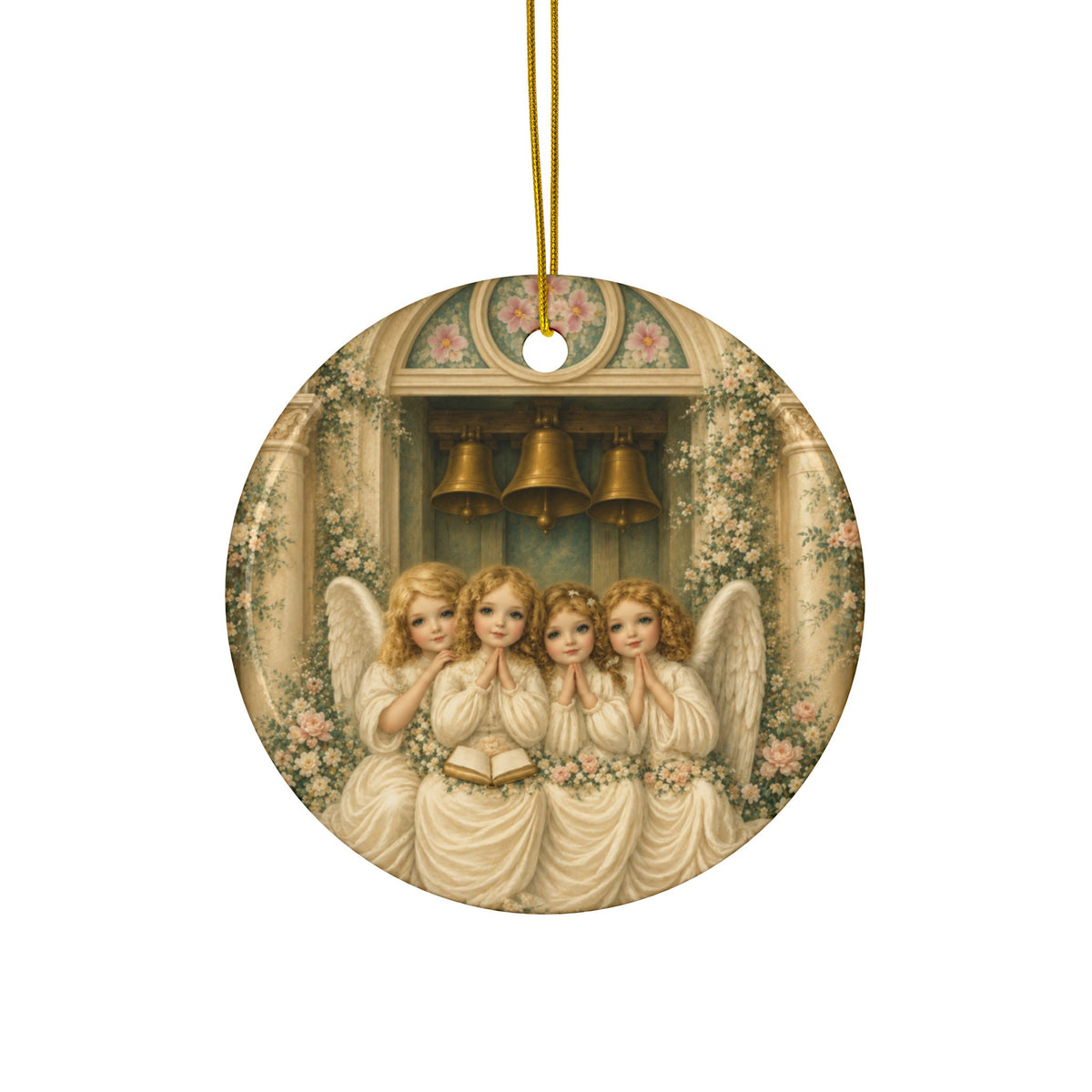 Praying Angels Under Church Bells Ceramic Holiday Ornament, Double-Sided Keepsake