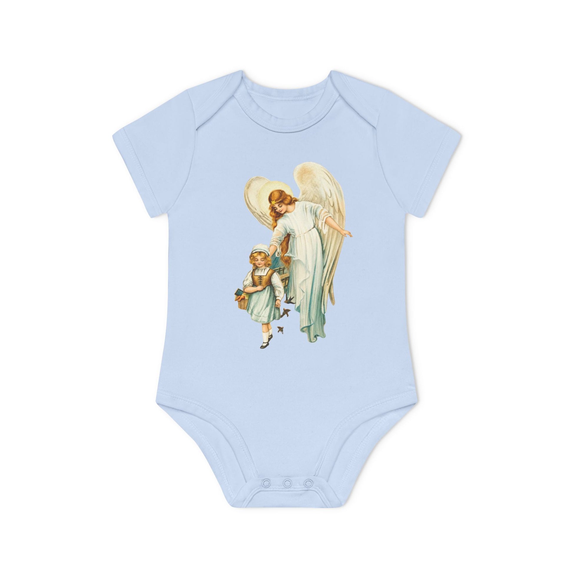 Victorian Guardian Angel with Girl dusty blue organic cotton short-sleeve baby bodysuit