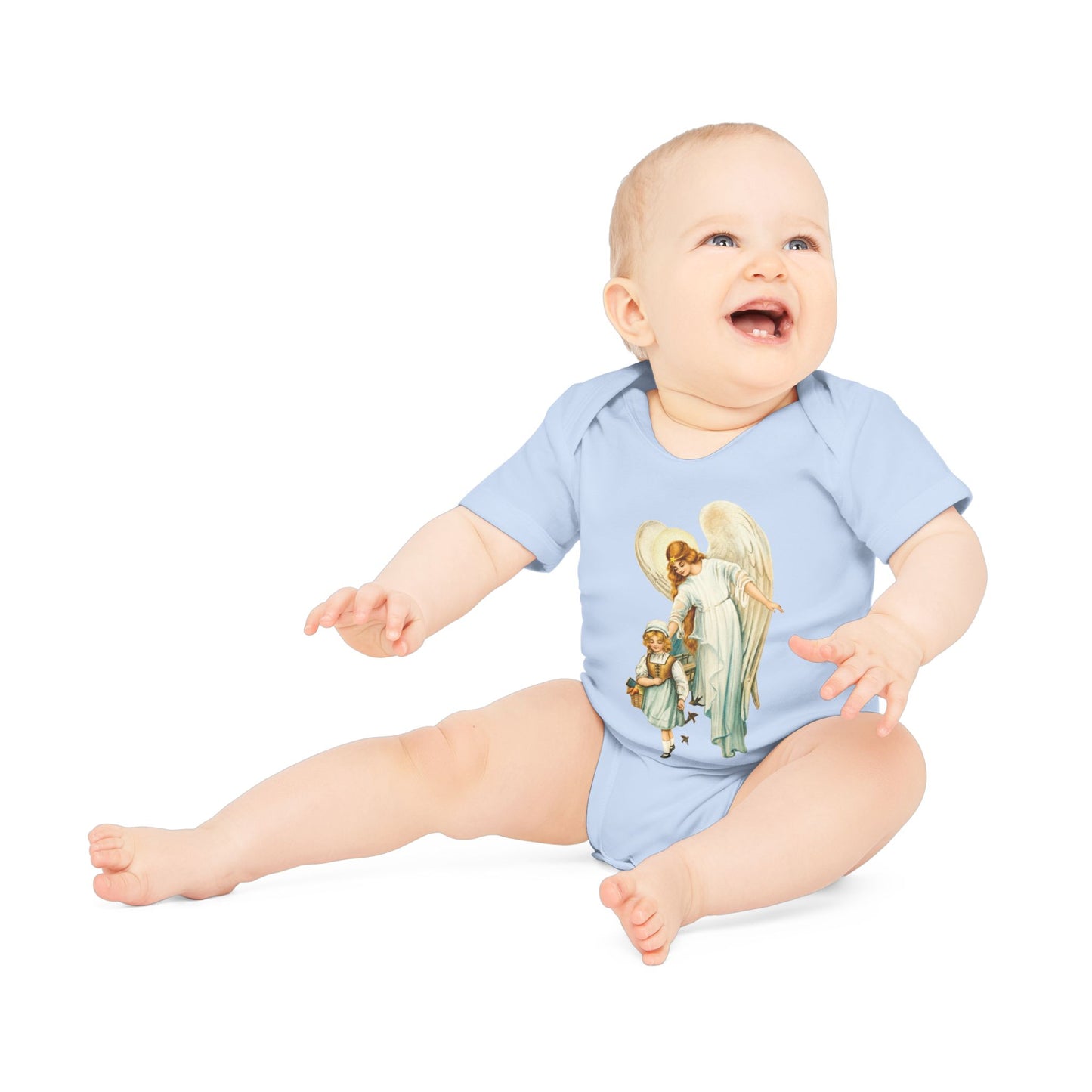 Victorian Guardian Angel with Girl Organic Cotton Short-Sleeve Baby Bodysuit