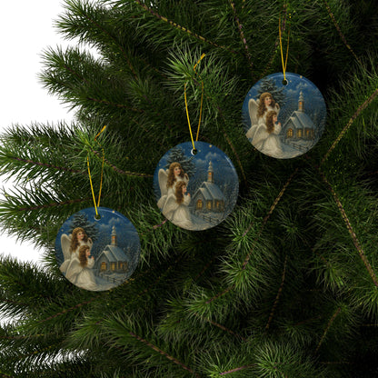 Christmas Angels in Snow Ceramic Holiday Ornament, Double-Sided Keepsake