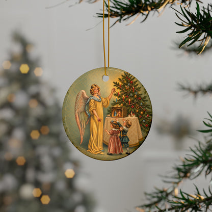 Christmas Angel with Children Ceramic Christmas Ornament, Double-Sided Keepsake