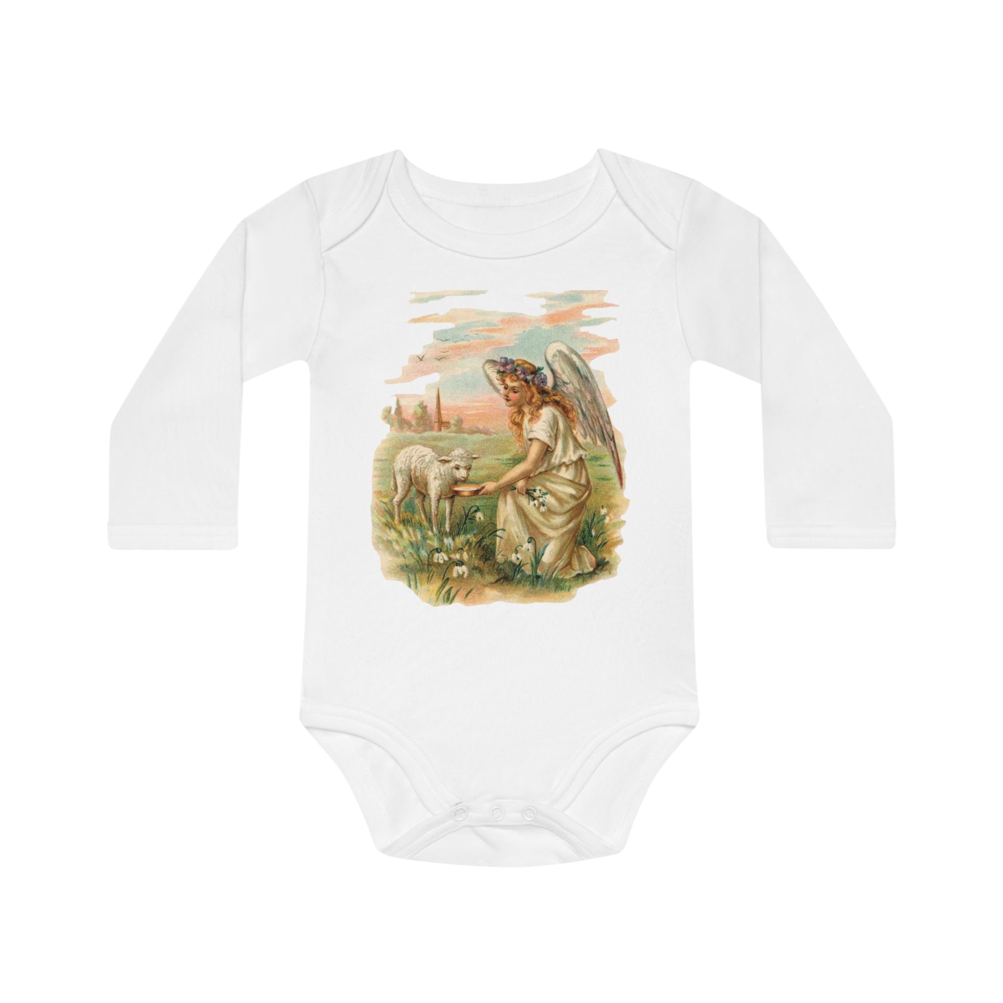 Victorian Organics baby bodysuit cotton long sleeve angel with lamb