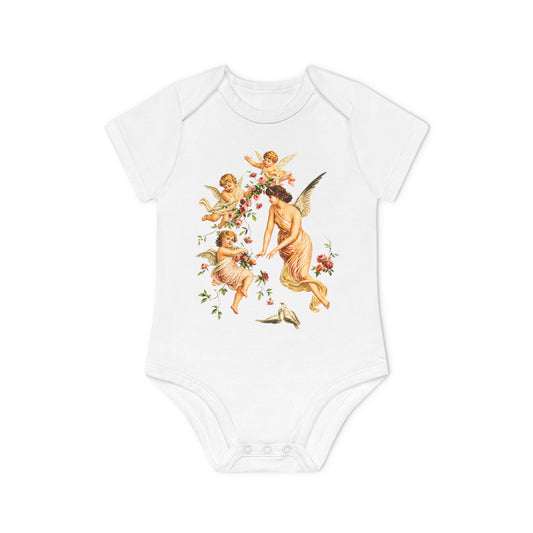 Victorian Angel with Cherubs white organic cotton short-sleeve baby bodysuit