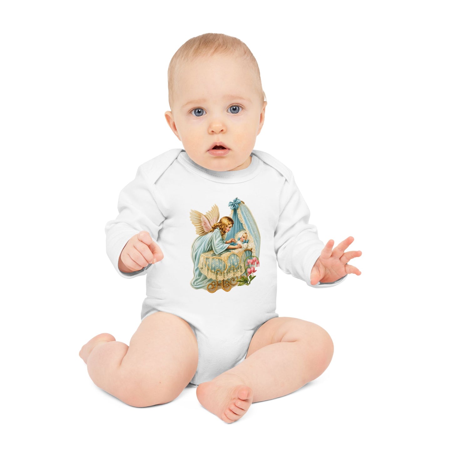 Baby wearing Guardian Angel by the Bassinet white organic cotton long-sleeve bodysuit