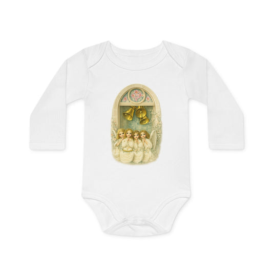 Praying Angels Under Church Bells white organic cotton long-sleeve baby bodysuit