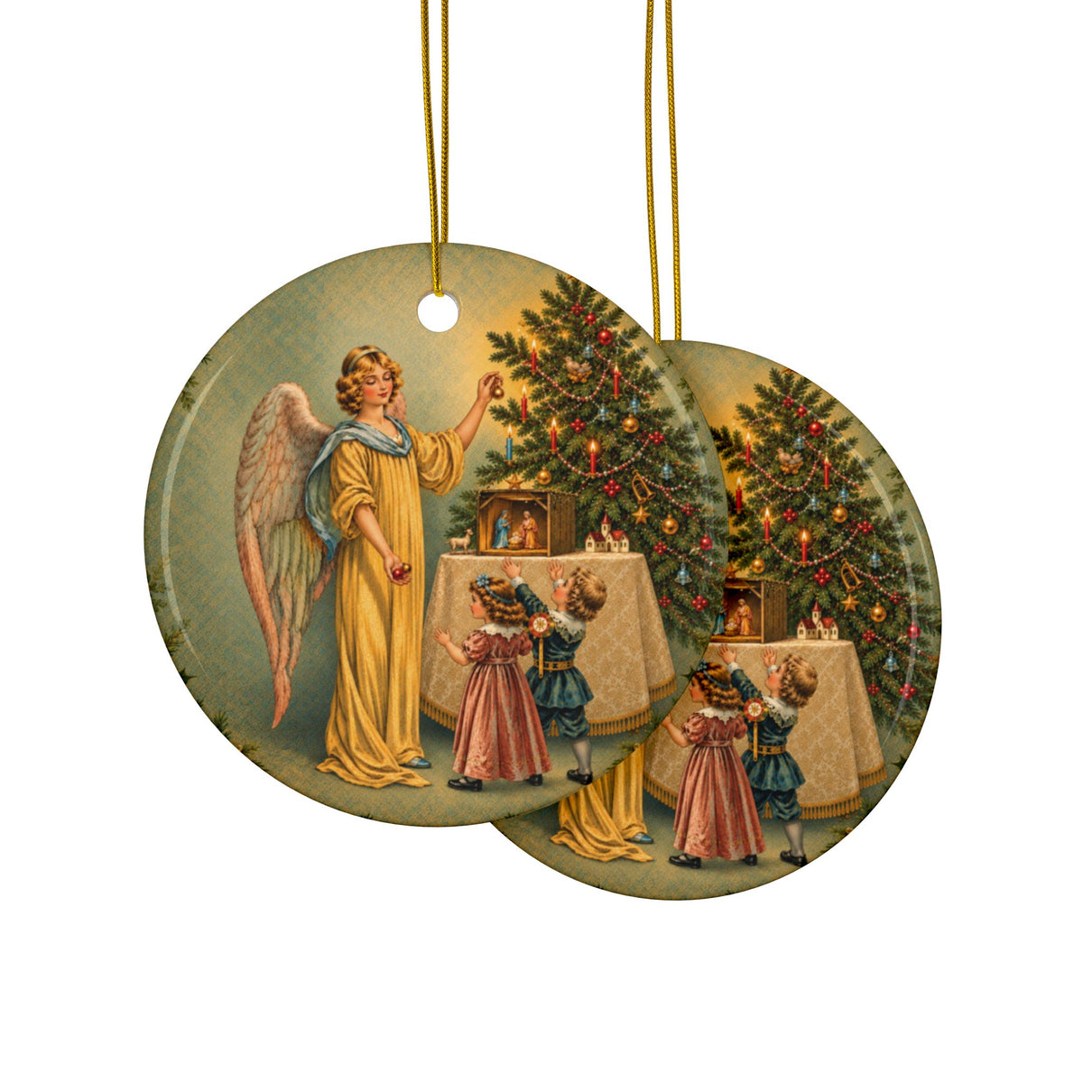 Christmas Angel with Children Ceramic Christmas Ornament, Double-Sided Keepsake