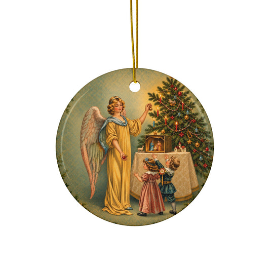 Christmas Angel with Children Ceramic Christmas Ornament, Double-Sided Keepsake