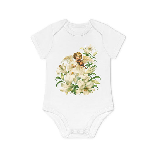 Vintage Angel with Violin white organic cotton short-sleeve baby bodysuit