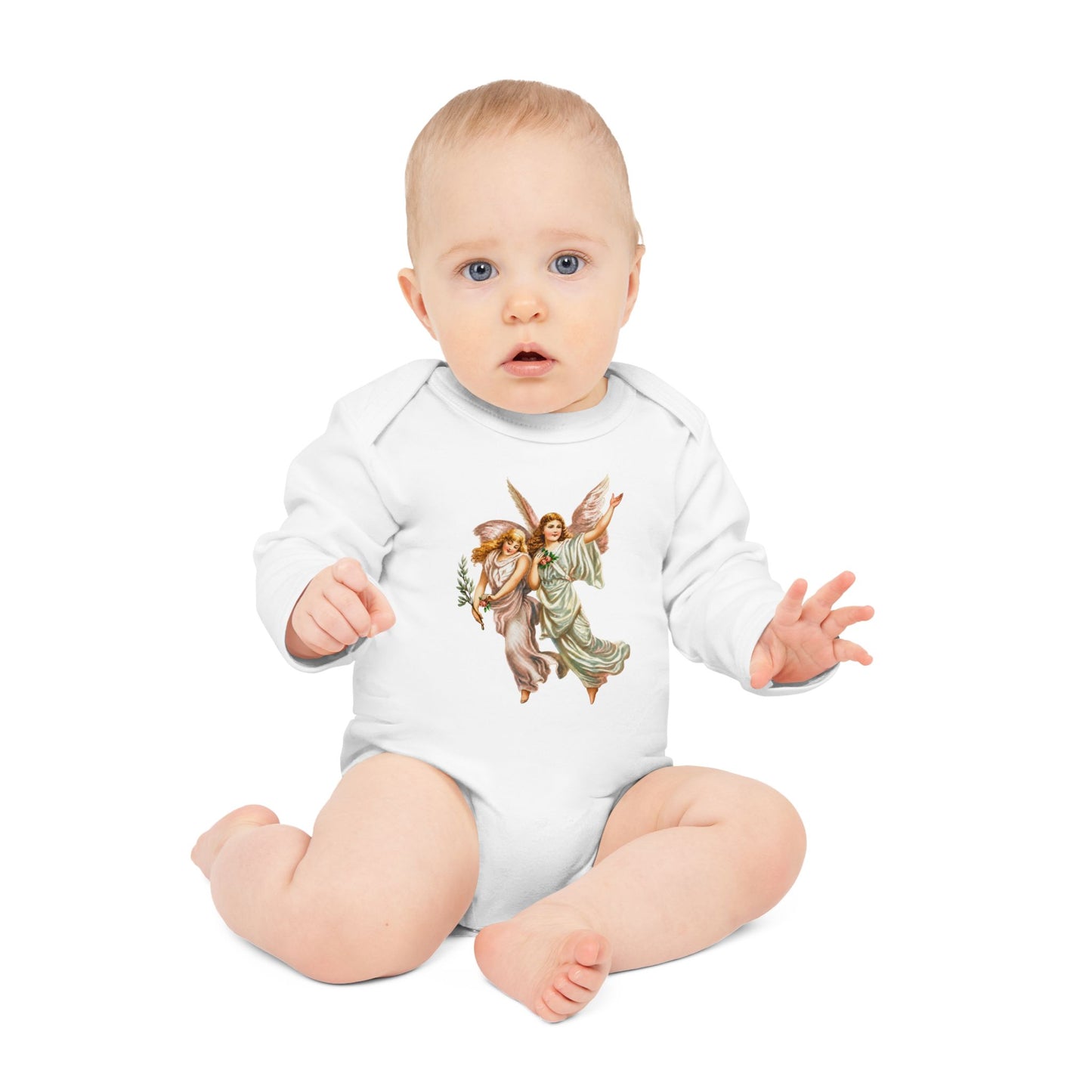 Baby wearing Heavenly Angel Art white organic cotton long-sleeve bodysuit