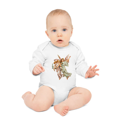 Baby wearing Heavenly Angel Art white organic cotton long-sleeve bodysuit