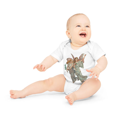 Victorian Organics baby bodysuit cotton short sleeve heavenly angel art - white