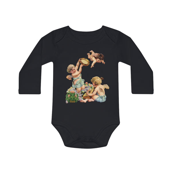 Victorian Organics baby bodysuit cotton long sleeve cherub musicians