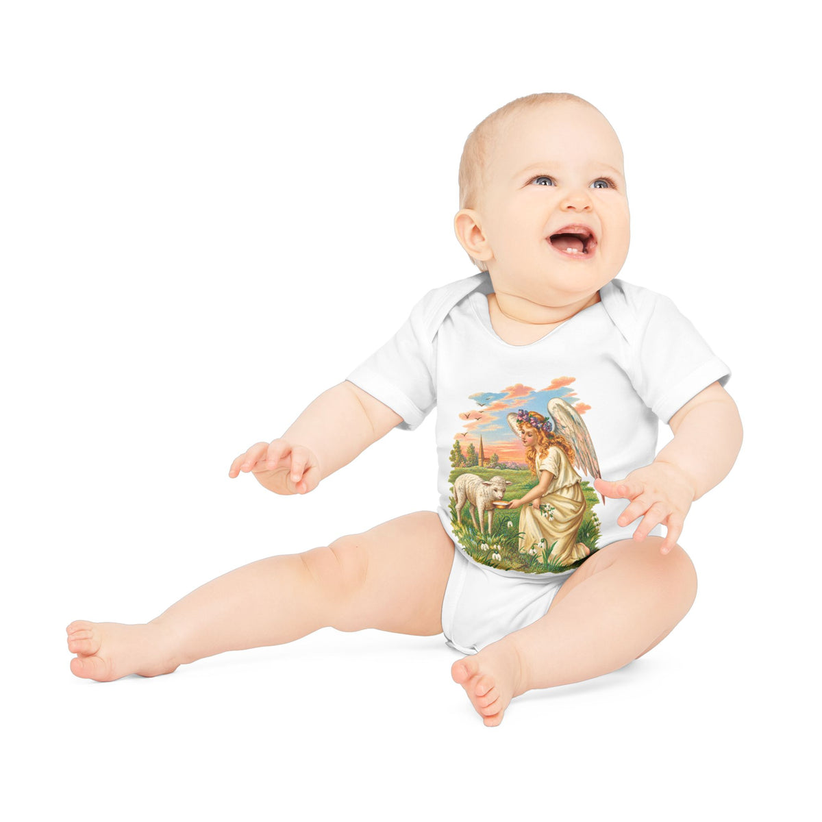 Antique Angel with Lamb Organic Cotton Short-Sleeve Baby Bodysuit
