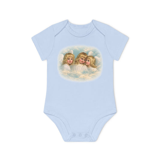 Cherub Angels in the Clouds dusty blue organic cotton short-sleeve baby bodysuit