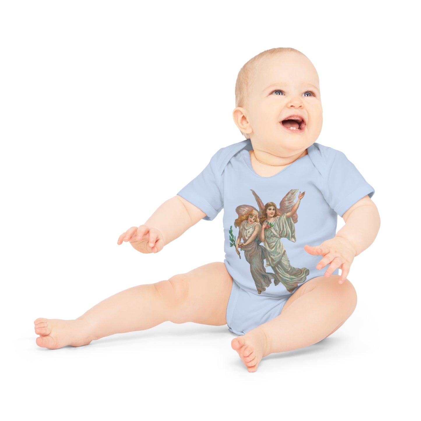 Victorian Organics baby bodysuit cotton short sleeve heavenly angel art - dusty blue