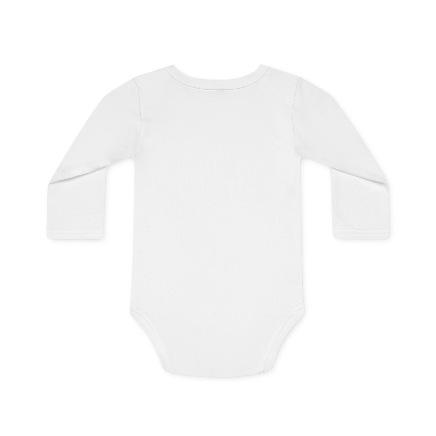 Back view of white organic cotton long-sleeve baby bodysuit