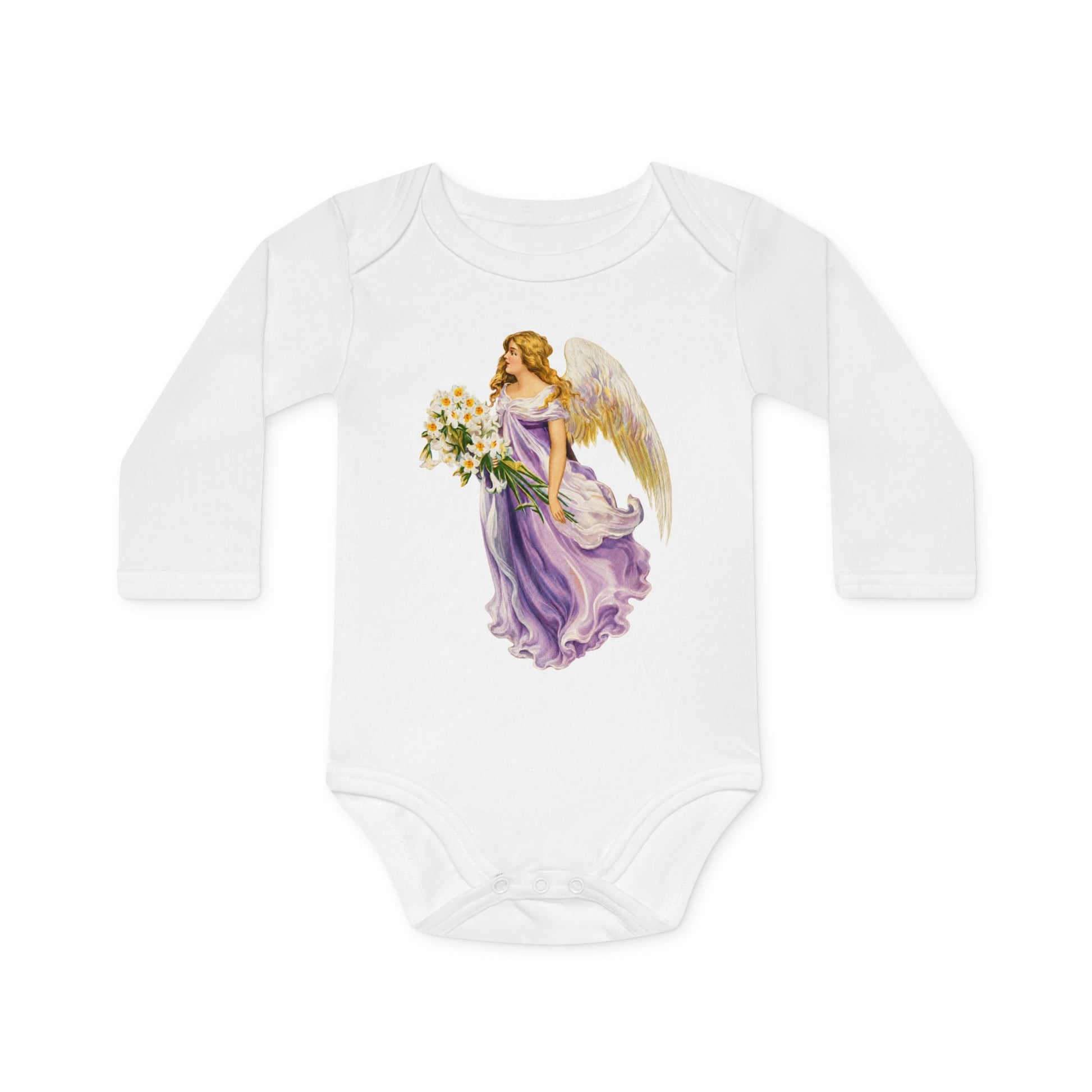 Vintage Angel in Purple white organic cotton long-sleeve baby bodysuit