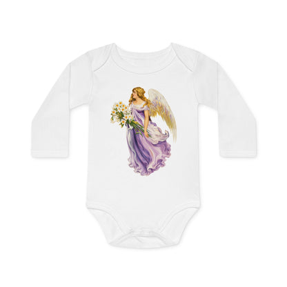 Vintage Angel in Purple white organic cotton long-sleeve baby bodysuit