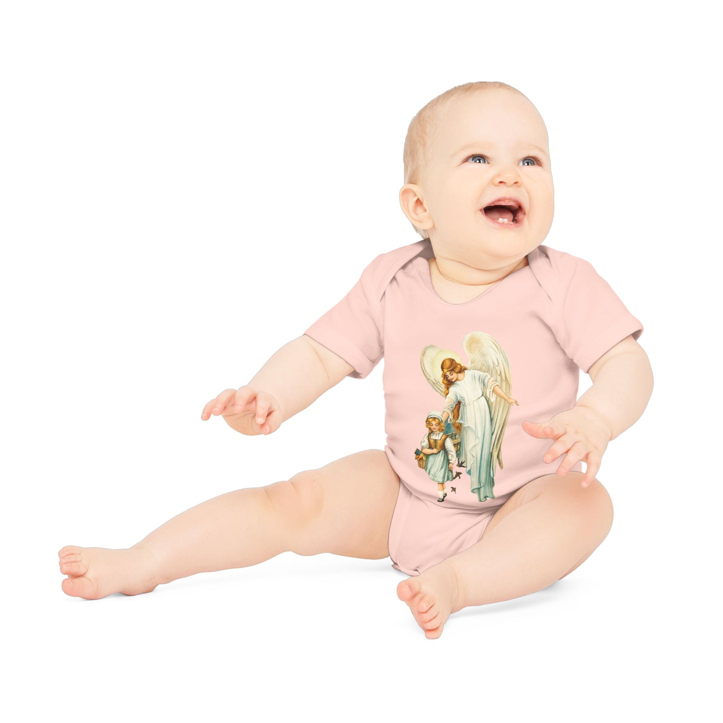 Victorian Guardian Angel with Girl Organic Cotton Short-Sleeve Baby Bodysuit