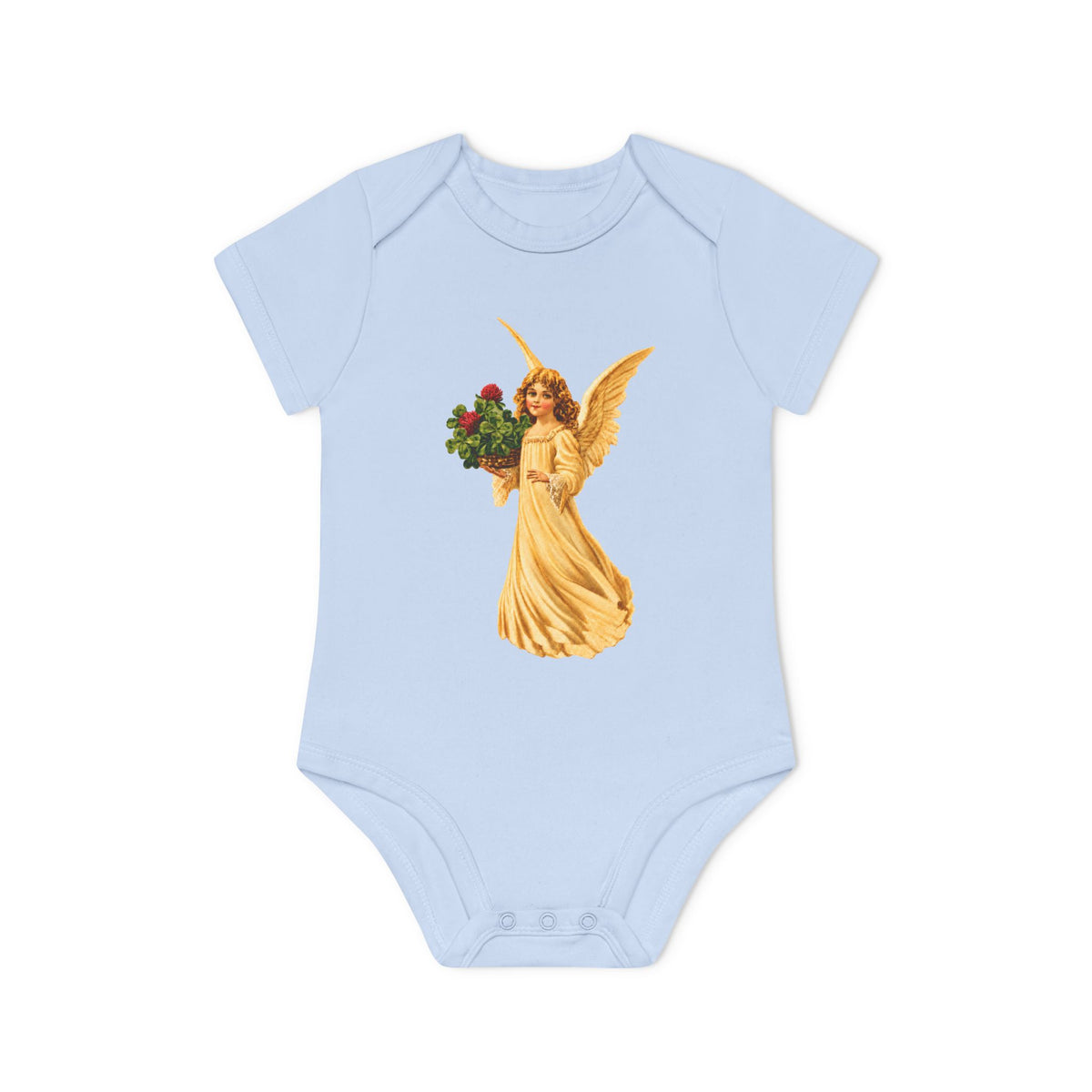 Vintage Angel with Four-Leaf Clover Organic Cotton Short-Sleeve Baby Bodysuit