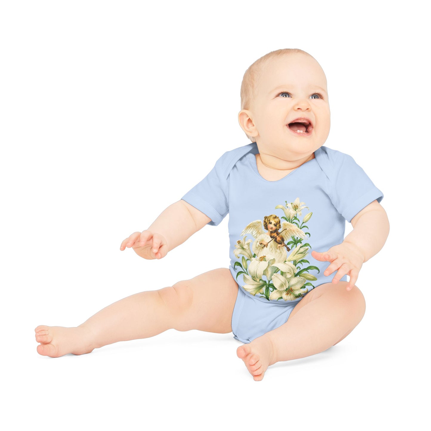 Vintage Angel with Violin Organic Cotton Short-Sleeve Baby Bodysuit