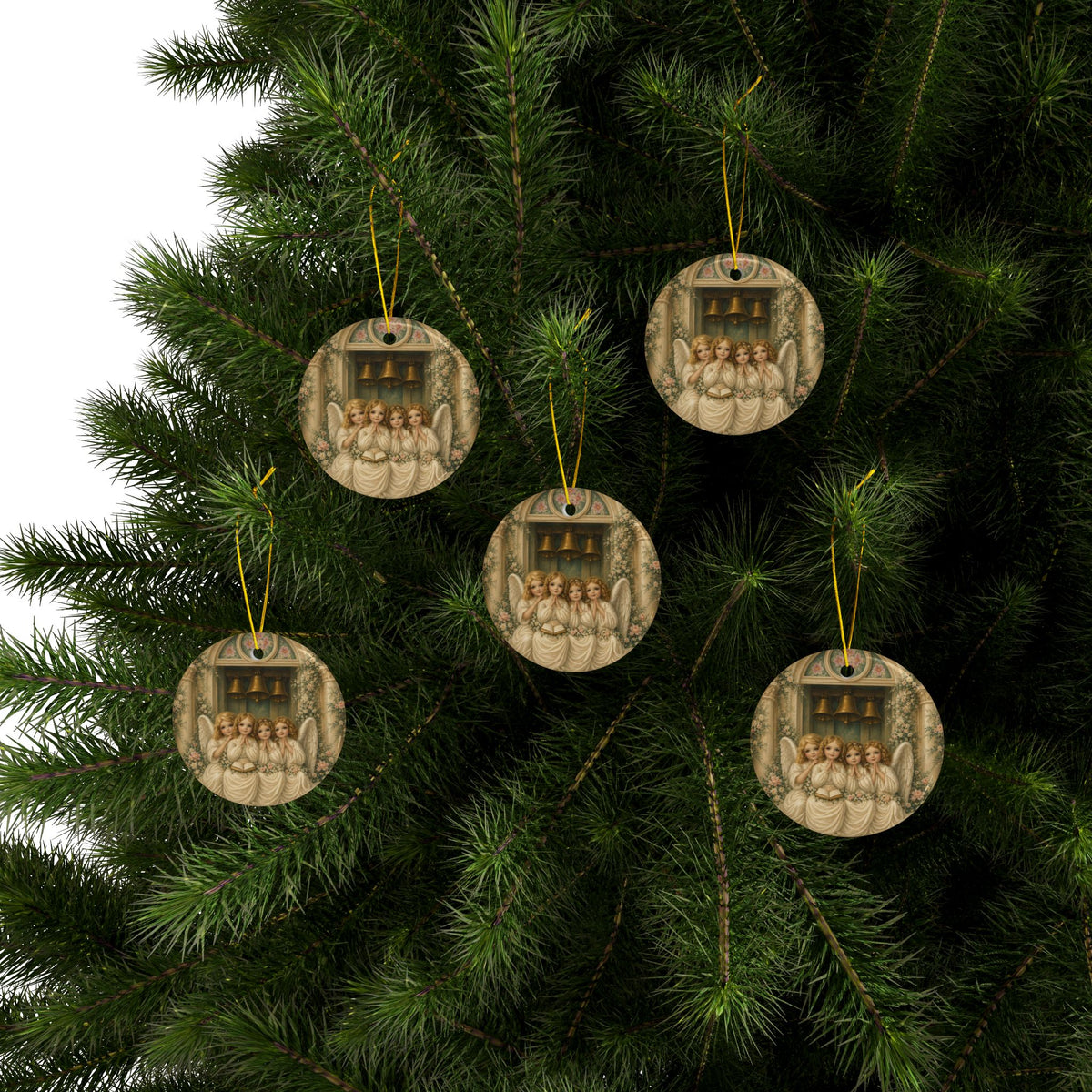 Praying Angels Under Church Bells Ceramic Holiday Ornament, Double-Sided Keepsake
