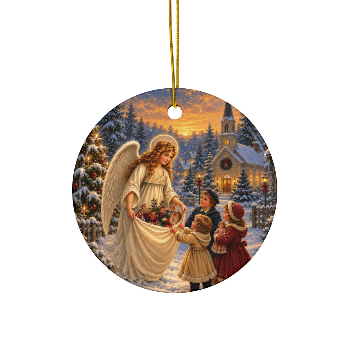 Angel with Toys Ceramic Christmas Ornament, Double-Sided Keepsake