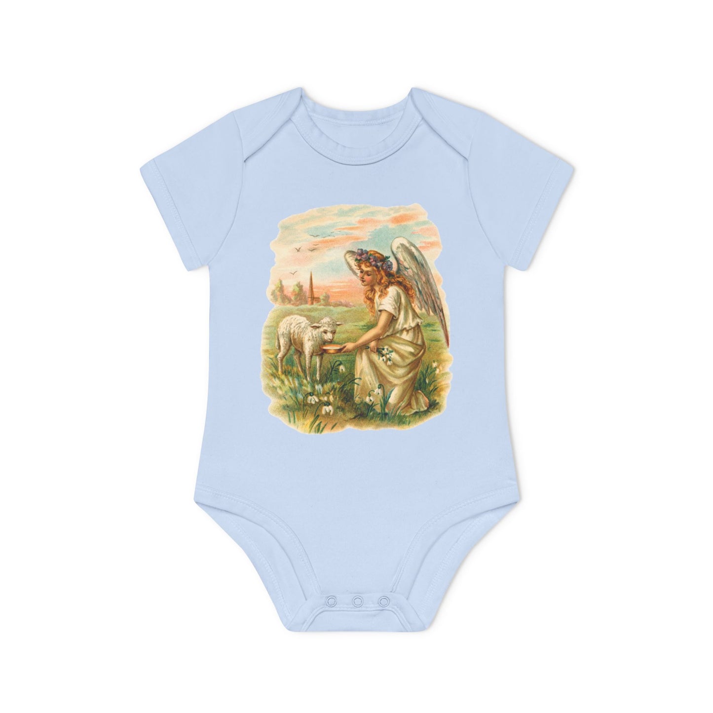 Antique Angel with Lamb dusty blue organic cotton short-sleeve baby bodysuit