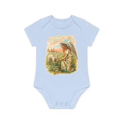 Antique Angel with Lamb dusty blue organic cotton short-sleeve baby bodysuit