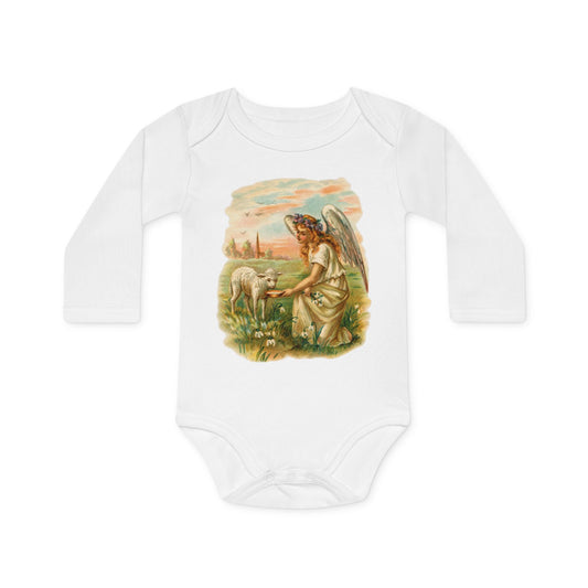 Antique Angel with Lamb white organic cotton long-sleeve baby bodysuit