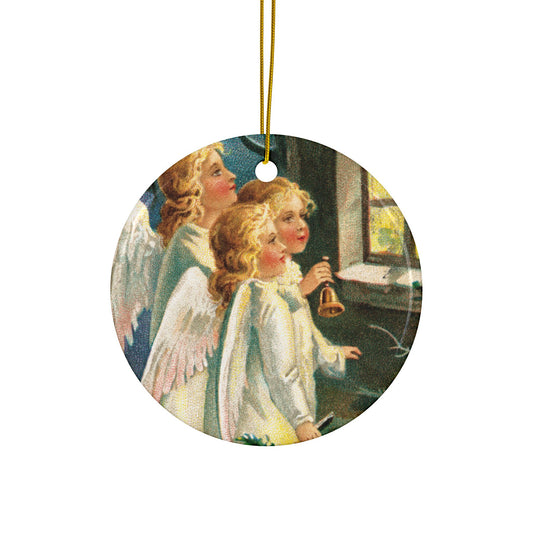 Angels at Window, Ceramic Ornament, Christmas Tree Decor, Vintage Style Ornament, Holiday Collectible, Double-Sided