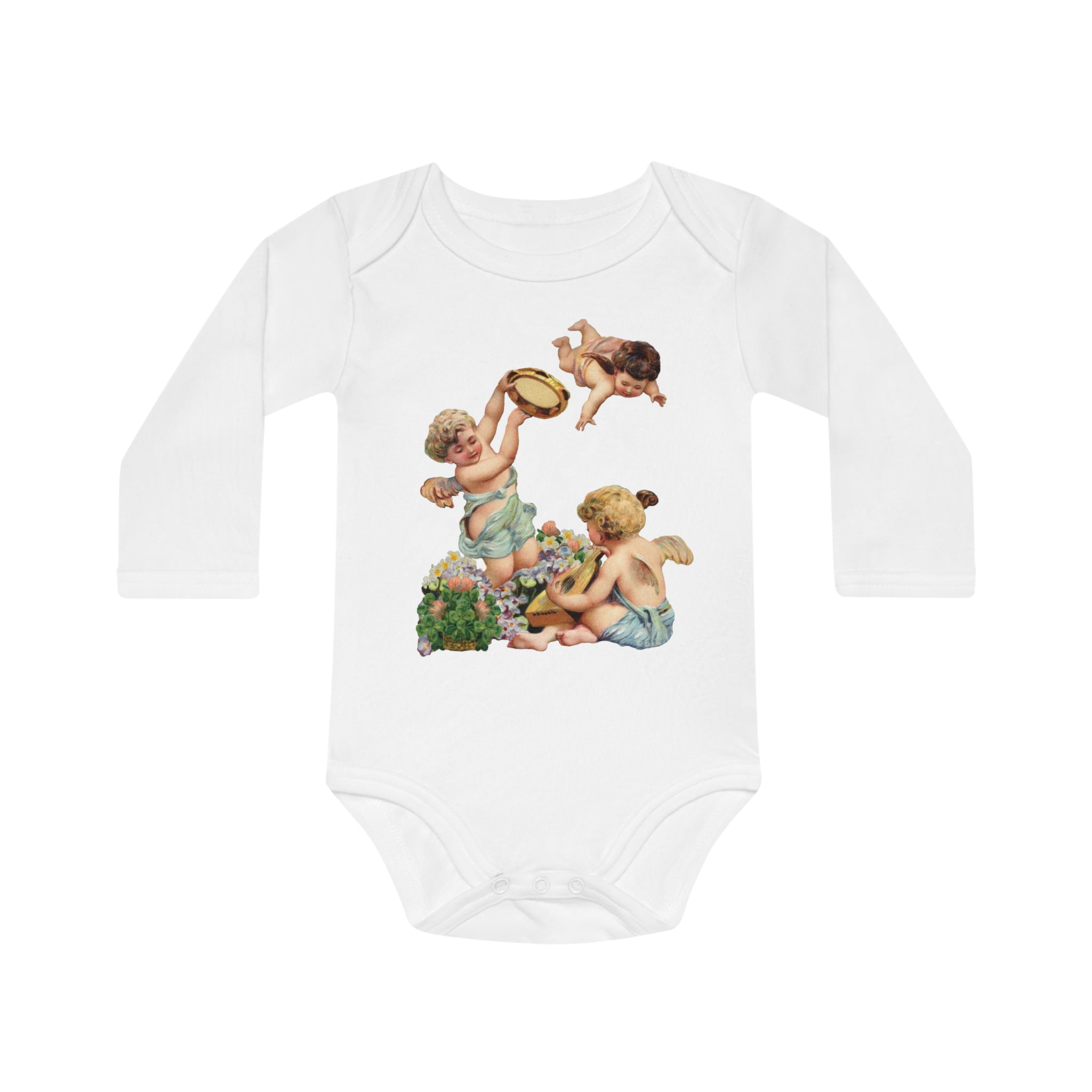 Victorian Organics baby bodysuit cotton long sleeve cherub musicians