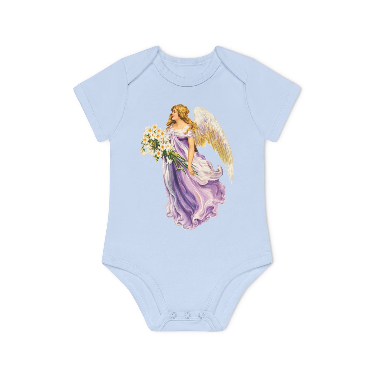 Vintage Angel in Purple dusty blue organic cotton short-sleeve baby bodysuit