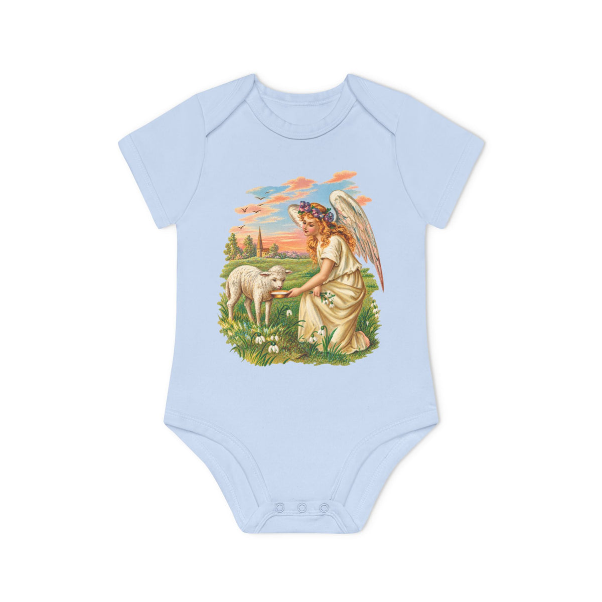 Antique Angel with Lamb Organic Cotton Short-Sleeve Baby Bodysuit